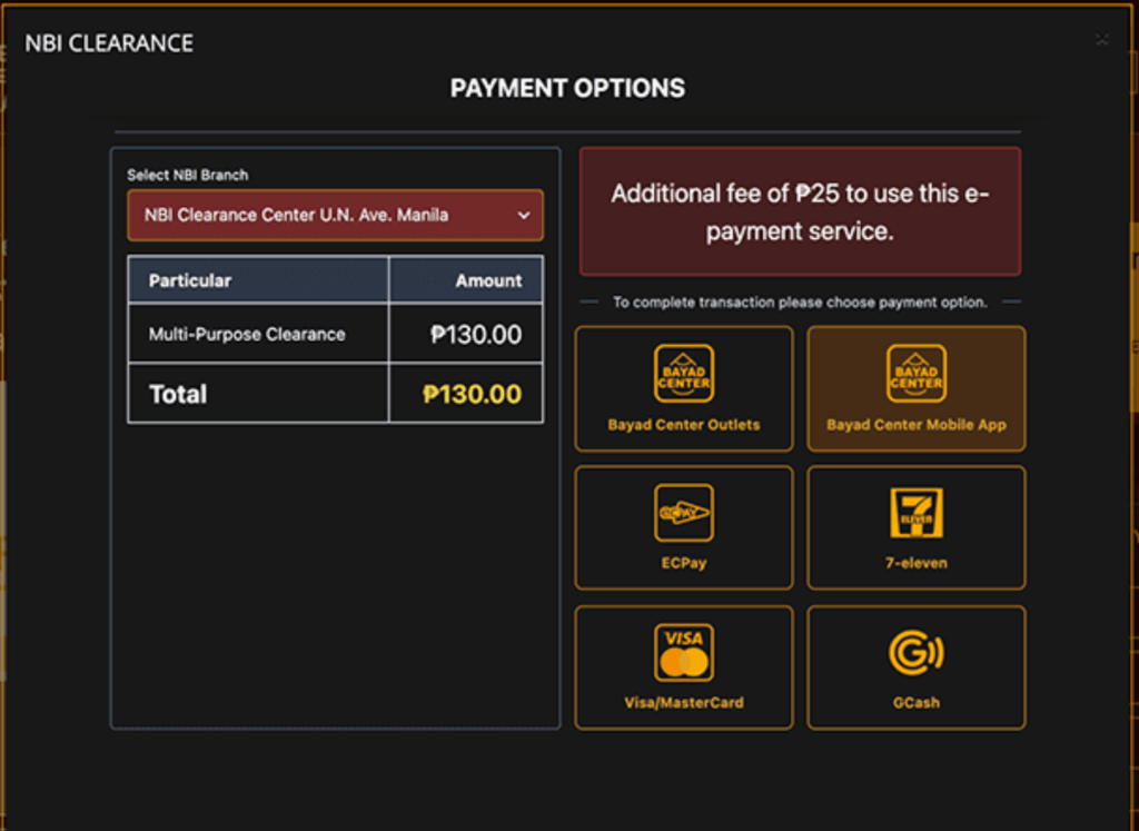 nbi clearence payment options, showing nbi fee which is 130s